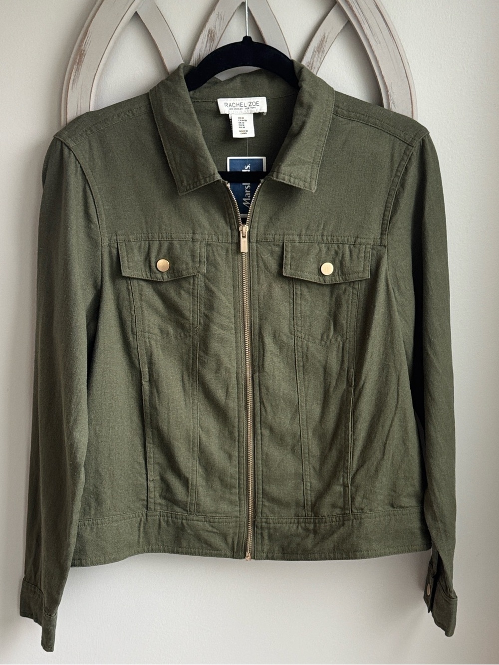 Rachel Zoe Olive Green Linen Blend zip up Utility Jacket size medium